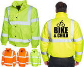 Bike & Child Hi Vis Bomber Jacket Hi Viz RS Jacket Road Safety Awareness Warning Jacket Cyclist Rider Race Track Ride a Bicycle Coat